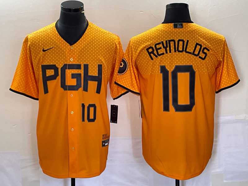 Mens Pittsburgh Pirates #10 Bryan Reynolds Number Gold 2023 City Connect Stitched Jersey1